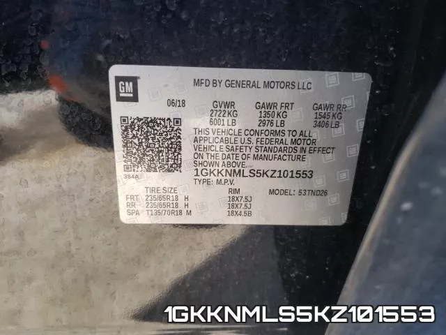 1GKKNMLS5KZ101553 фото 2