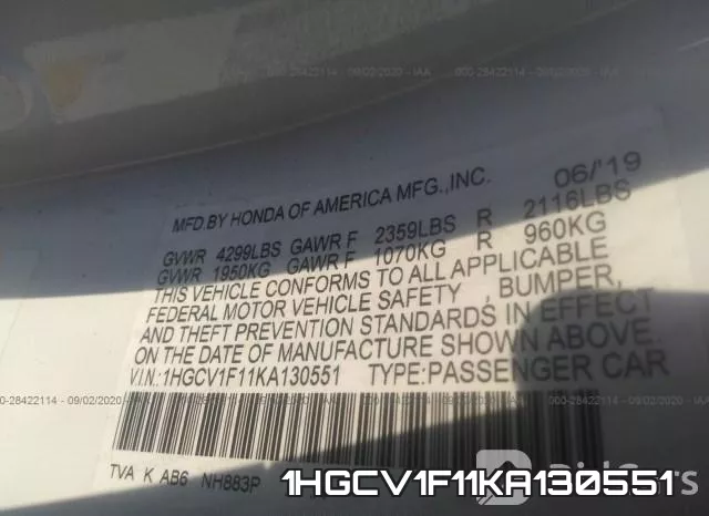 1HGCV1F11KA130551 фото 10