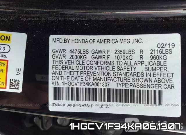 1HGCV1F34KA061307 фото 10