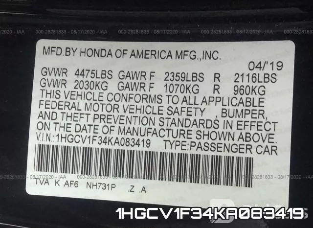 1HGCV1F34KA083419 фото 10