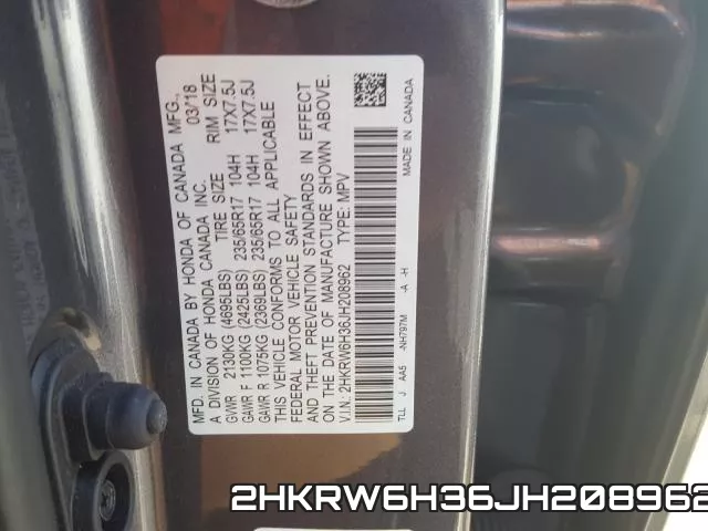 2HKRW6H36JH208962 фото 2