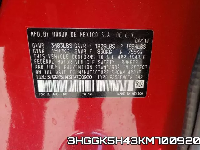 3HGGK5H43KM700920 фото 2