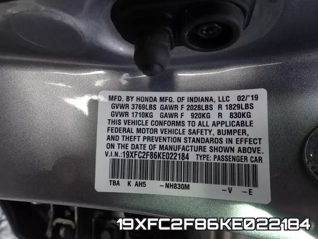 19XFC2F86KE022184 фото 2