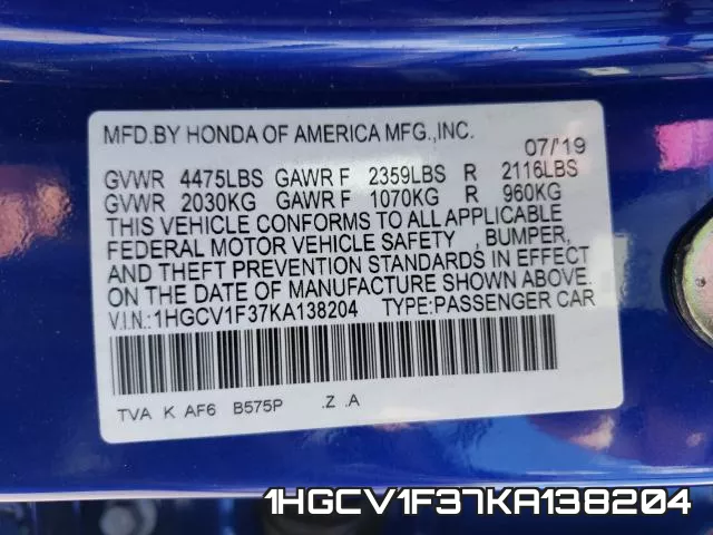 1HGCV1F37KA138204 фото 2