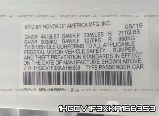 1HGCV1F3XKA166353 фото 10