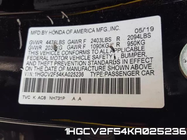 1HGCV2F54KA025236 фото 2
