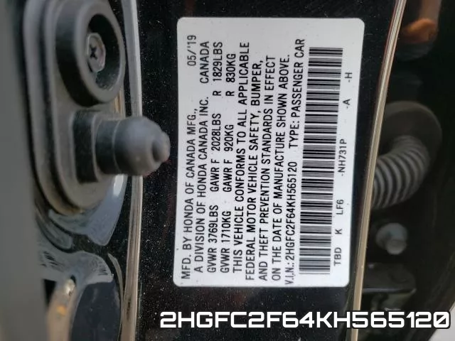 2HGFC2F64KH565120 фото 2