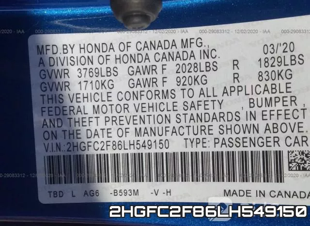 2HGFC2F86LH549150 фото 10