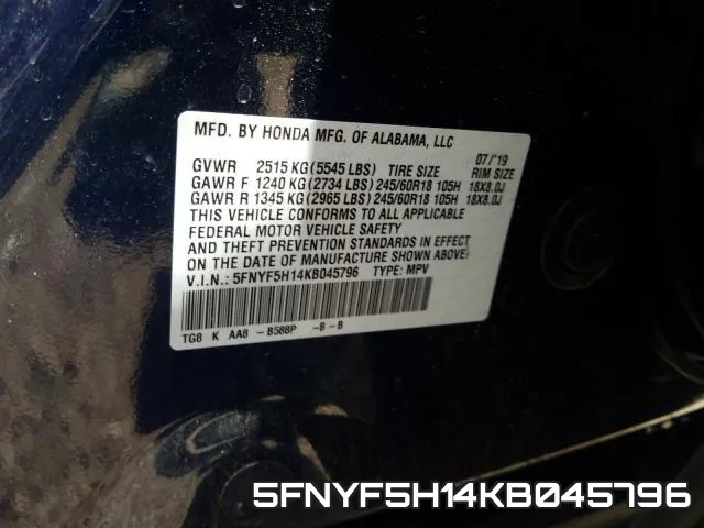 5FNYF5H14KB045796 фото 2
