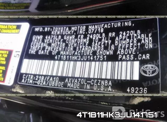 4T1B11HK3JU141751 фото 10