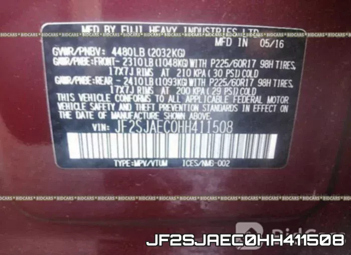 JF2SJAEC0HH411508 фото 10