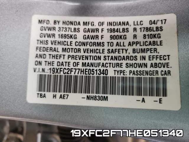 19XFC2F77HE051340 фото 2