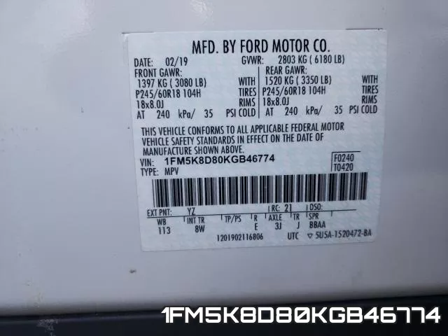 1FM5K8D80KGB46774 фото 2