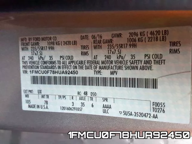 1FMCU0F78HUA92450 фото 2