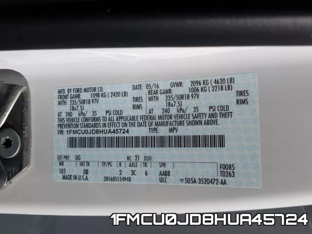1FMCU0JD8HUA45724 фото 2