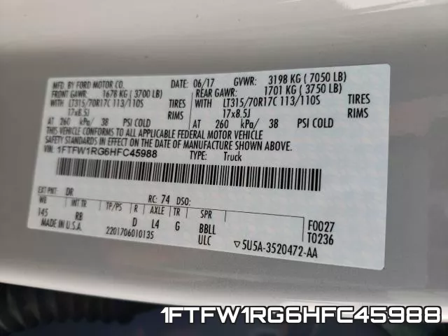 1FTFW1RG6HFC45988 фото 2