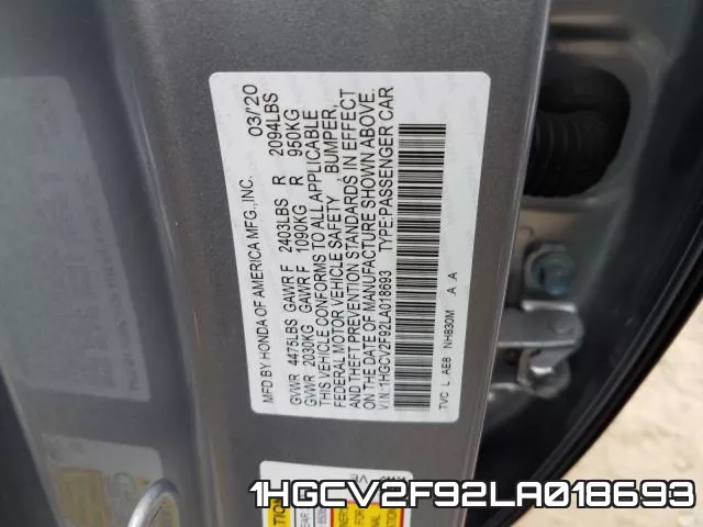 1HGCV2F92LA018693 фото 2