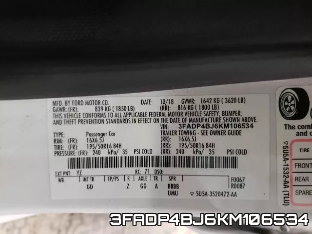 3FADP4BJ6KM106534 фото 2