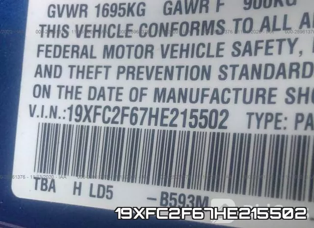 19XFC2F67HE215502 фото 10