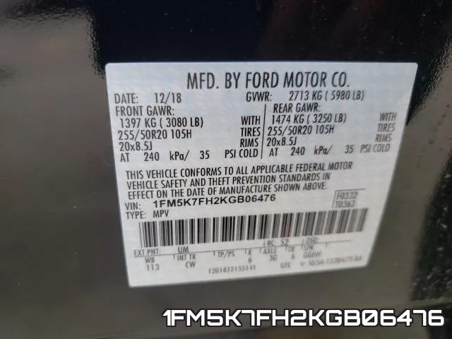 1FM5K7FH2KGB06476 фото 2