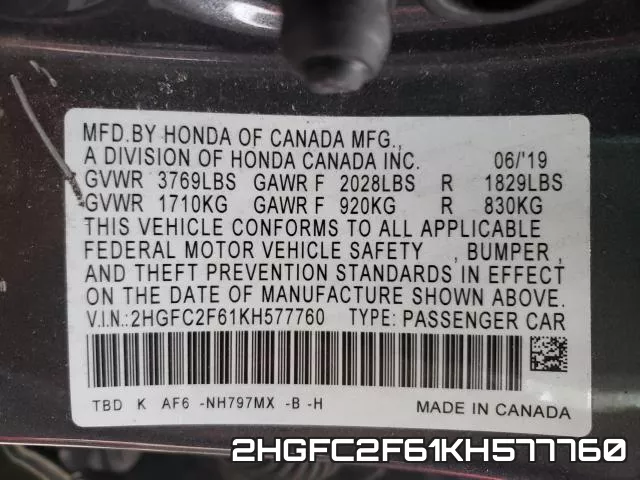 2HGFC2F61KH577760 фото 2