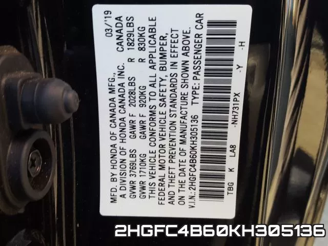 2HGFC4B60KH305136 фото 2