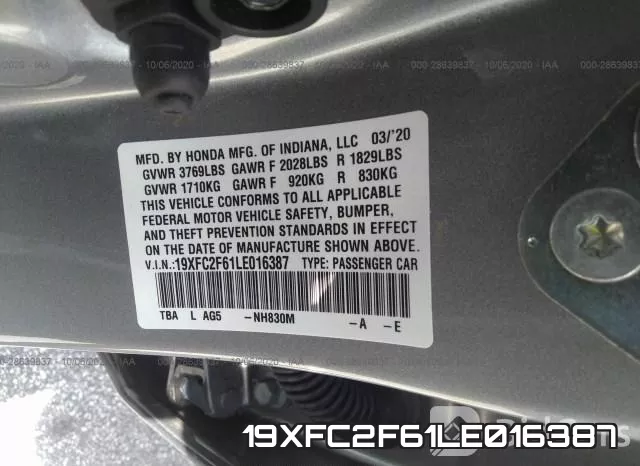 19XFC2F61LE016387 фото 10