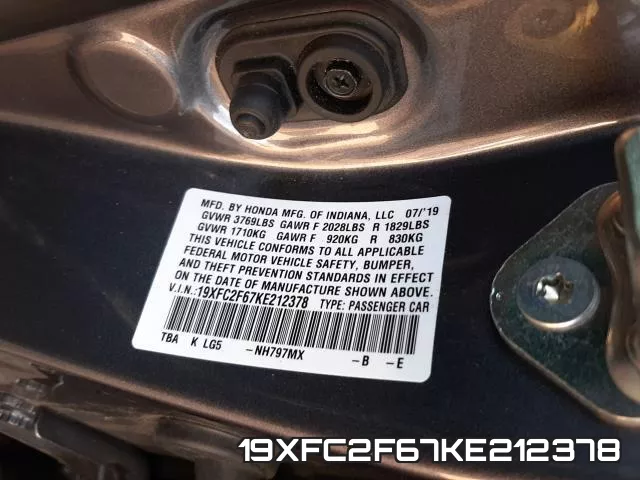 19XFC2F67KE212378 фото 2