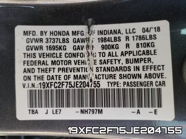 19XFC2F75JE204755 фото 2