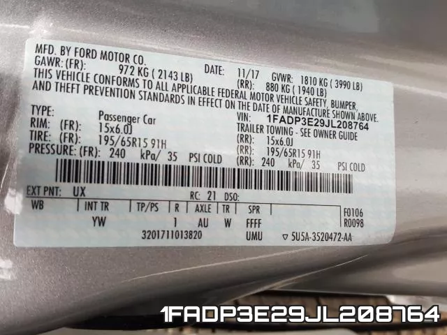 1FADP3E29JL208764 фото 2