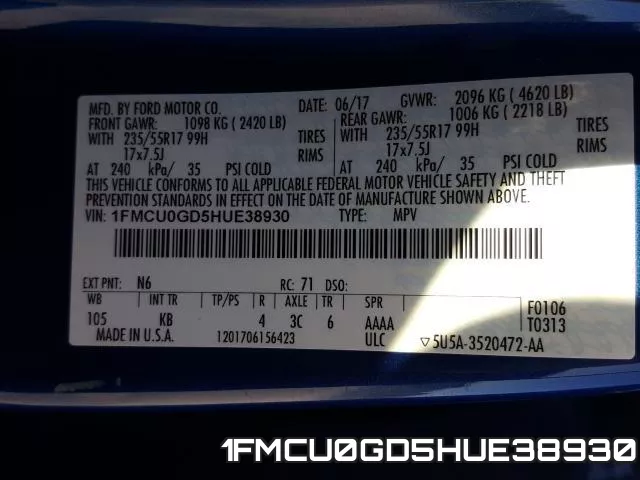 1FMCU0GD5HUE38930 фото 2