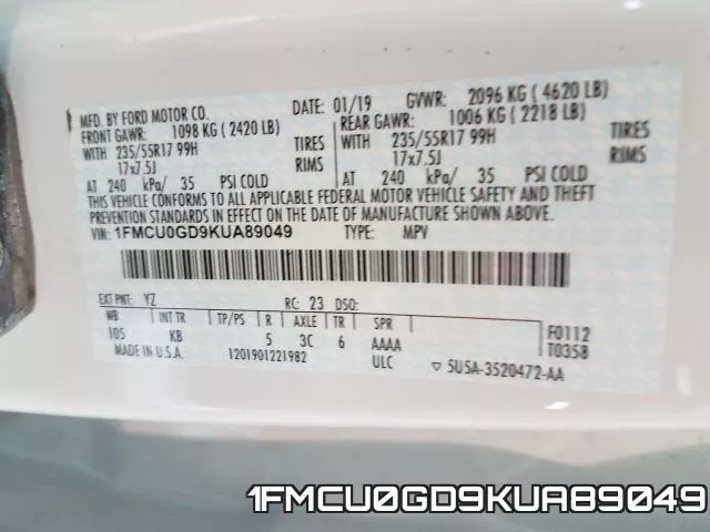 1FMCU0GD9KUA89049 фото 2