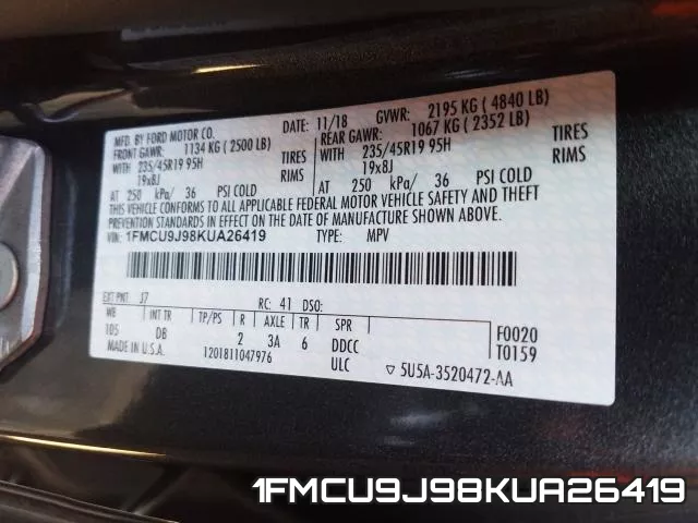 1FMCU9J98KUA26419 фото 2