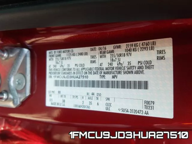 1FMCU9JD3HUA27510 фото 2