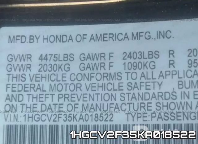 1HGCV2F35KA018522 фото 9