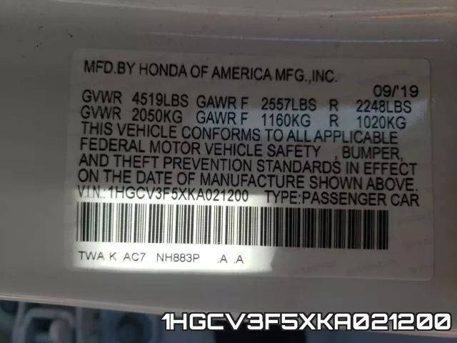 1HGCV3F5XKA021200 фото 2