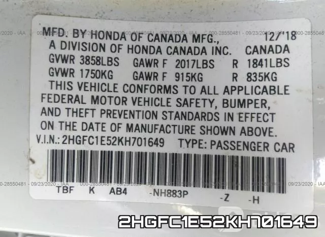 2HGFC1E52KH701649 фото 10