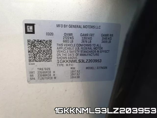 1GKKNMLS3LZ203953 фото 2