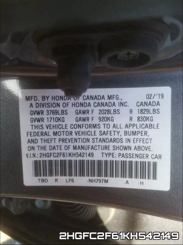 2HGFC2F61KH542149 фото 2