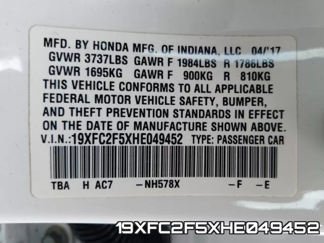 19XFC2F5XHE049452 фото 2