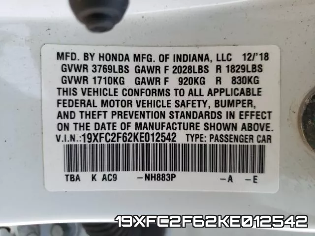19XFC2F62KE012542 фото 2