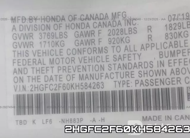 2HGFC2F60KH584263 фото 9