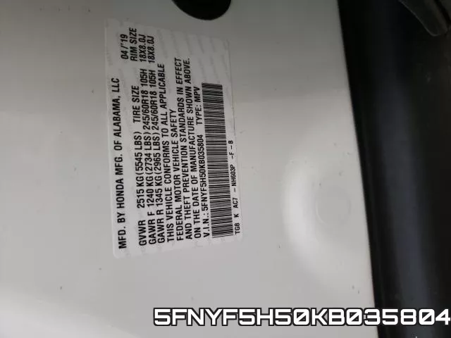 5FNYF5H50KB035804 фото 2