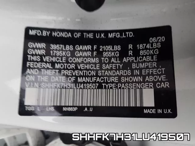 SHHFK7H31LU419507 фото 2