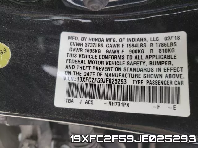 19XFC2F59JE025293 фото 2
