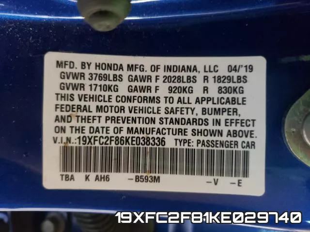 19XFC2F81KE029740 фото 2