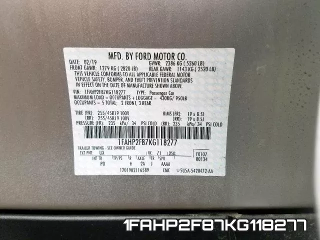 1FAHP2F87KG118277 фото 2