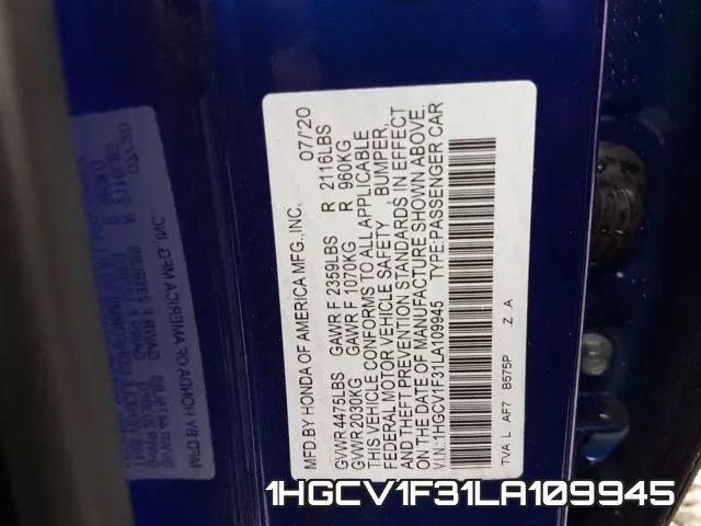 1HGCV1F31LA109945 фото 2
