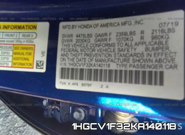 1HGCV1F32KA140118 фото 10