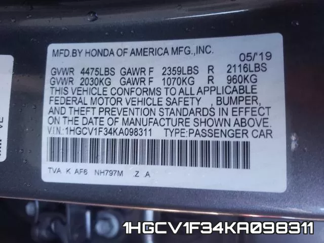1HGCV1F34KA098311 фото 2